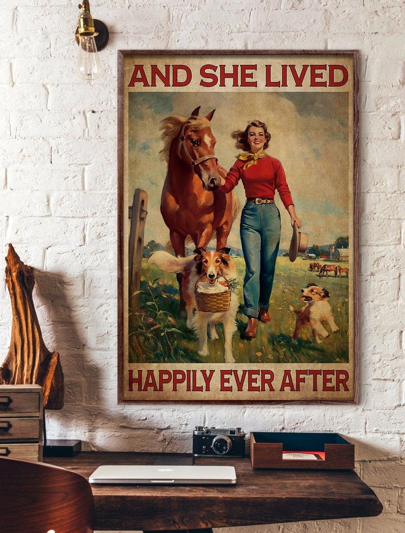 Vintage Poster Vintage Cowgirl Horse And Dogs Wall Art Gift For Cowgirl And She Lived Happily Ever After Poster Home Decor