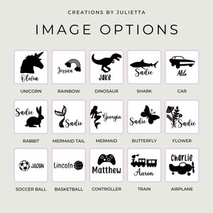 May include: A chart displaying 15 different image options for personalised items. The images include a unicorn, rainbow, dinosaur, shark, car, rabbit, mermaid tail, mermaid, butterfly, flower, football, basketball, game controller, train, and aeroplane. Each image has a name underneath it.