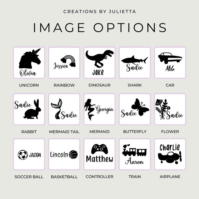May include: A chart displaying 15 different image options for personalised items. The images include a unicorn, rainbow, dinosaur, shark, car, rabbit, mermaid tail, mermaid, butterfly, flower, football, basketball, game controller, train, and aeroplane. Each image has a name underneath it.