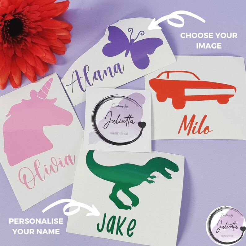 Kids lunchbox or water bottle stickers in different colours with little images.