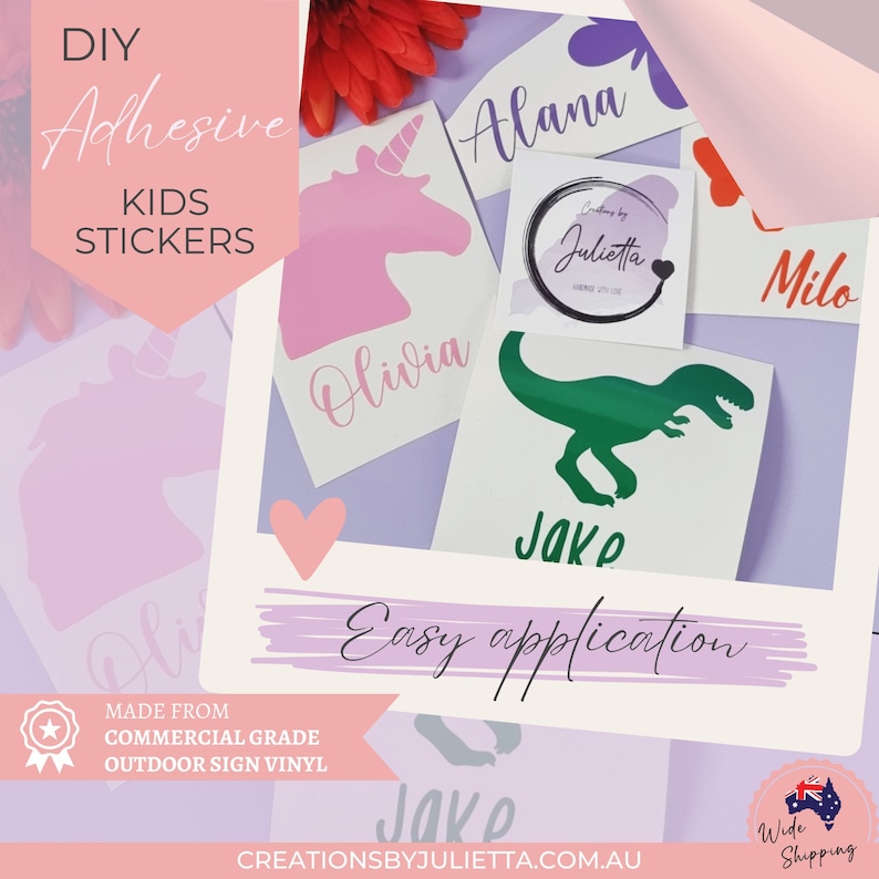 May include: A set of colourful, personalised kids' stickers featuring a unicorn, a dinosaur, and a butterfly. The stickers are made from commercial grade outdoor sign vinyl and are easy to apply. The stickers are available in a variety of colours and designs.