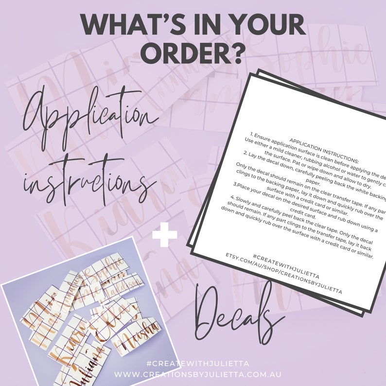 May include: Application instructions for applying decals to a surface. The instructions include using a clear transfer tape to apply the decal and then rubbing over the surface with a credit card to ensure the decal adheres properly. The image also shows a set of gold decals with names written on them.