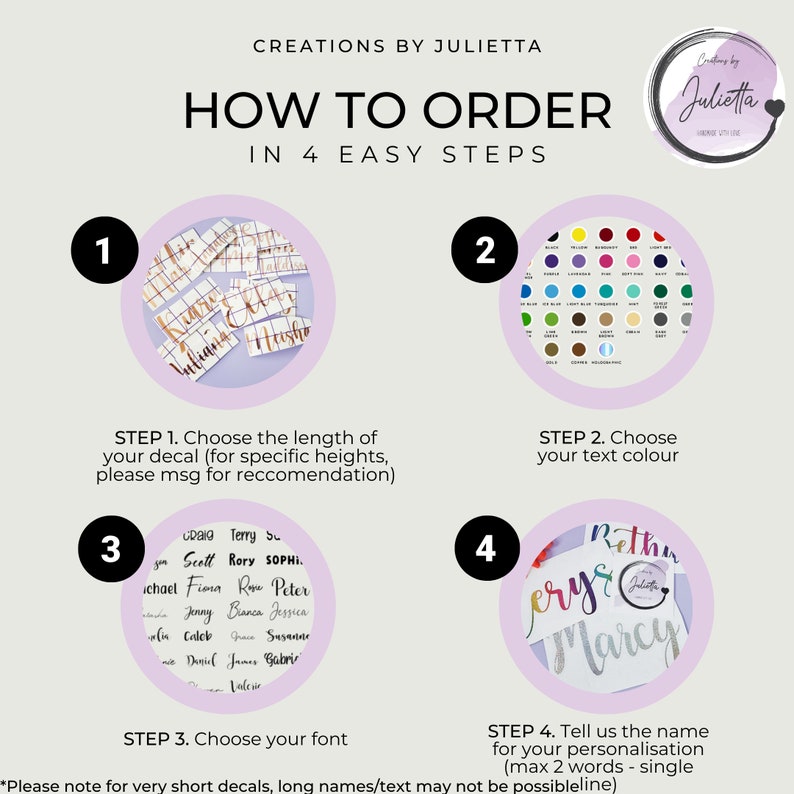 May include: An instructional graphic titled Creations by Julietta How to Order in 4 Easy Steps. It features four circular insets showing copper-colored name decals, a color palette chart, various font styles, and personalized name labels.