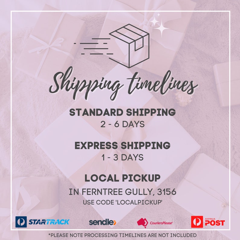 May include: A graphic with a box and shipping timelines for standard shipping, express shipping, and local pickup. The graphic includes the text "Shipping timelines", "Standard Shipping 2-6 Days", "Express Shipping 1-3 Days", "Local Pickup", "In Ferntree Gully, 3156", and "Use code 'Localpickup'".