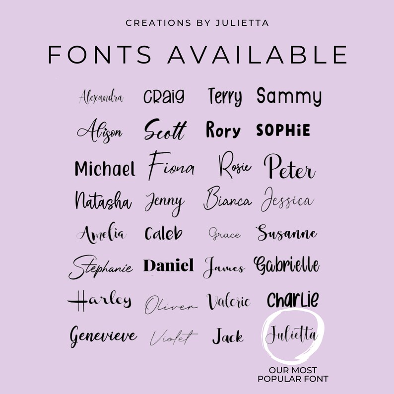 May include: A list of fonts available for purchase, with the name "Julietta" highlighted as the most popular font.