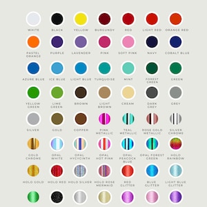 May include: A color chart titled CREATIONS BY JULIETTA COLOURS AVAILABLE FONT COLOUR PALETTE, featuring a grid of circular swatches in various solid, metallic, holographic, and glitter finishes, each labeled with its corresponding color name.