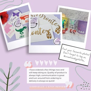 May include: A collection of personalised items, including a unicorn, dinosaur, car, butterfly, and a pair of ballet shoes. The items are all gold and white and have names written on them. The text "Post your favourite photos! Don't forget to tag us, @creationsbyjulietta_" is also included in the image.