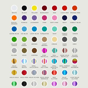 May include: A chart of colour options for font colours. The chart includes a variety of colours, including white, black, yellow, red, blue, green, brown, and silver. The chart also includes some metallic colours, such as gold, copper, and rose gold. The chart is titled "Colours Available" and "Font Colour Palette".