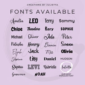 May include: A chart titled CREATIONS BY JULIETTA FONTS AVAILABLE displaying twenty-four distinct black font styles on a light purple background. Each style is demonstrated using a different name, with a circular badge highlighting the most popular font.
