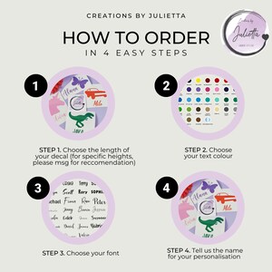 May include: A guide on how to order personalised decals in four easy steps. Choose the size, colour, font, and name for your custom decal. The image shows examples of different decals with names like Alana, Livia, Milo, and Javo.