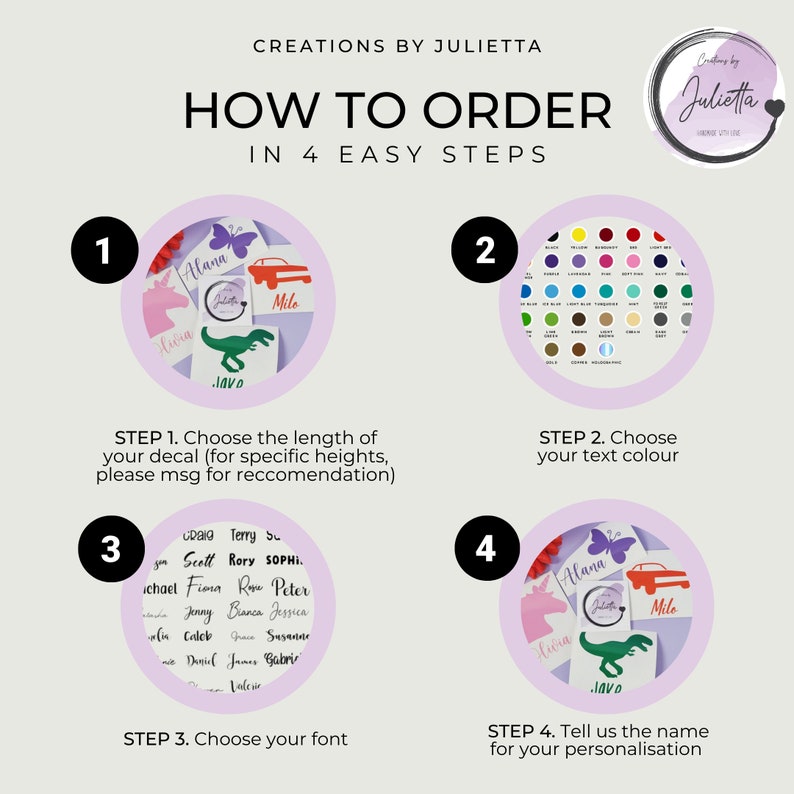 May include: A guide on how to order personalised decals in four easy steps. Choose the size, colour, font, and name for your custom decal. The image shows examples of different decals with names like Alana, Livia, Milo, and Javo.
