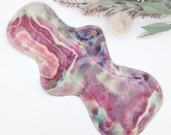 14" Mega Flare Reusable Cloth Pad - Overnight, heavy period pads in hand dyed Organic Bamboo Velour, Zorb Core, Softshell Fleece Backing,