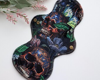 Reusable cloth pads in Girly Gothic Nightfall minky print, washable menstrual cloth pads for a zero waste period