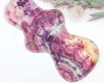 14" Mega Flare Reusable Cloth Pad - Overnight, heavy period pads in hand dyed Organic Bamboo Velour, Zorb Core, Softshell Fleece Backing,