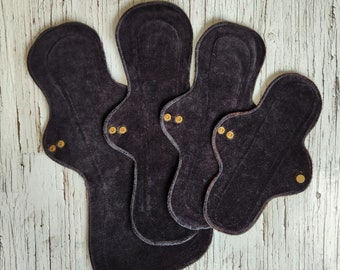 Organic bamboo black velour cloth pads in assorted sizes, washable and reusable menstrual pads, zero waste period pads