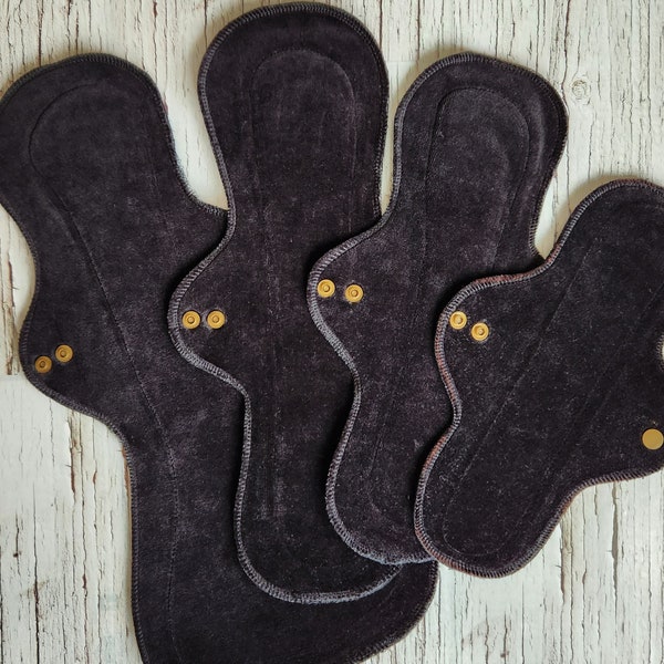 Organic bamboo black velour cloth pads in assorted sizes, washable and reusable menstrual pads, zero waste period pads