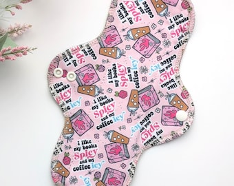 Reusable cloth pads in Coffee Icy, Books Spicy pique print, washable menstrual cloth pads for a zero waste period