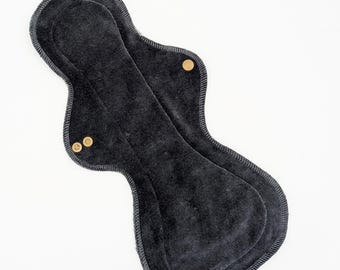 14" Mega Flare Reusable Cloth Pad - Overnight, heavy period pads in black Organic Bamboo Velour, Zorb Core, Softshell Fleece Backing,