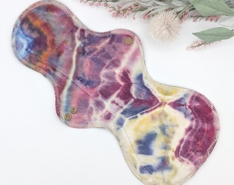 14" Mega Flare Reusable Cloth Pad - Overnight, heavy period pads in hand dyed Organic Bamboo Velour, Zorb Core, Softshell Fleece Backing,