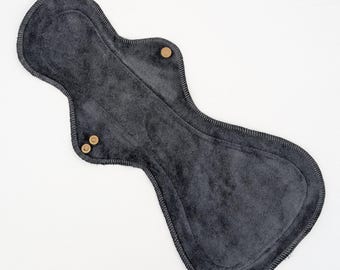 16" Mega Flare Reusable Cloth Pad - Overnight, heavy period pads in black Organic Bamboo Velour, Zorb Core, Softshell Fleece Backing,