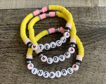 Teacher Appreciation Bracelet | Polymer Clay Disc, Inspire Love Teach