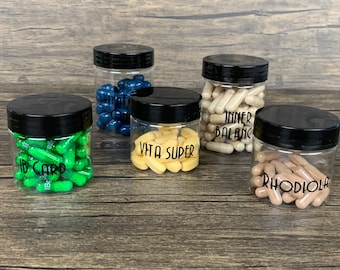 Labeled Plastic Jars | Plastic Spice Jar | Custom Jars with Screw Top Lids | Labeled Vitamin Storage Jars for Organizing