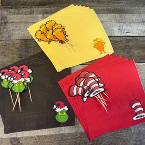 12 ct. Seuss Inspired Cupcake Toppers & Napkins | Cake Toppers | Cupcake Toothpicks | Seuss Party | Seuss Birthday | Party Napkins