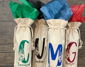 モノグラム入りワインギフトバッグ | パーソナライズされたキャンバス製ホステスギフト