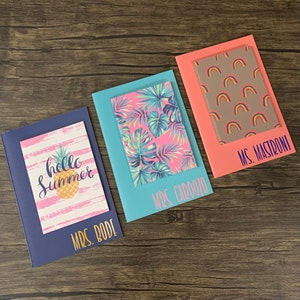 May include: Three colorful gift tags with tropical and rainbow designs. The tags are labeled with the names "Mrs. Bode", "Mrs. Cardozo", and "Ms. Mastroni".