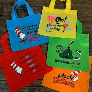 May include: Set of five colourful reusable tote bags featuring Dr. Seuss characters and quotes. The bags are made of non-woven polypropylene and have a handle. The quotes on the bags include "Why fit in when you were born to stand out!"  "The more that you read the more things you will know, the more that you learn the more places you'll go." "Oh! The places you will go." "I do so like green eggs and ham." and "Hats off to Dr. Seuss."
