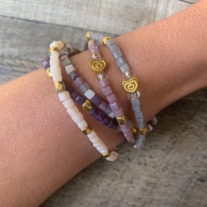 Hues of Purple Stacking Bracelet Set | Purple and Gold Stretch Bracelets SET OF 5