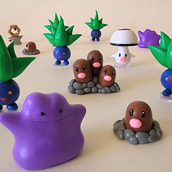 手作りポケモン粘土彫刻 - メタモン、フーンガス、ダグトリオ