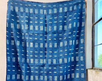 Hand Block Printed Indigo Kantha Quilt, Blanket & Throw