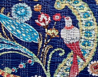 Peacock kantha quilt - Blue