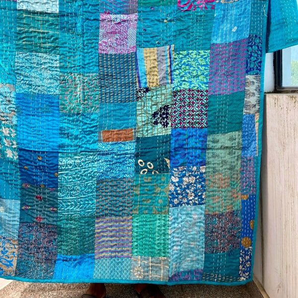 Boho Luxe Silk Patchwork Kantha Quilt