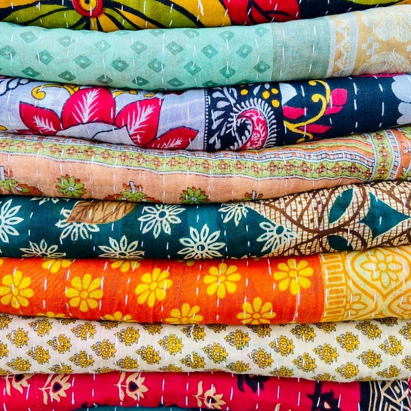 Bohemian Cotton Sari Kantha Throws Handmade Vintage Reversible Twin Kantha Quilts Wholesale Lot Hippie Quilts For Sale