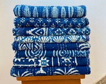 Indigo Handmade Cotton Kantha Quilts (Assorted Designs)