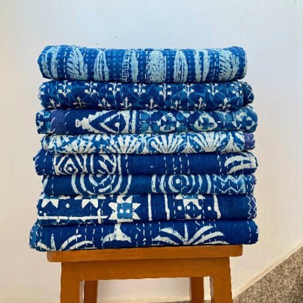 Indigo Handmade Cotton Kantha Quilts (Assorted Designs)