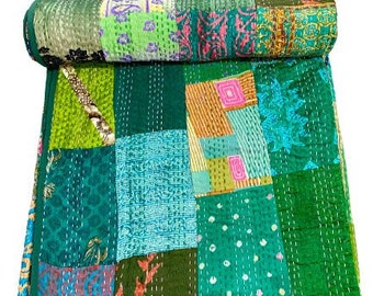 Kantha Green Silk Patchwork Throw Boho Patola Blanket Vintage Quilt Indian Décor