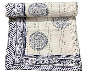 Circle Kantha Bedspread - Blue