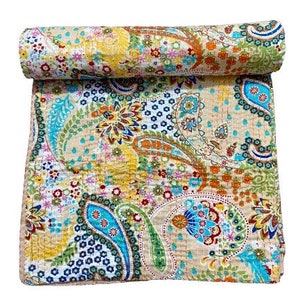 Biege Paisley Cotton Handmade Indian Bohemian Kantha Quilt