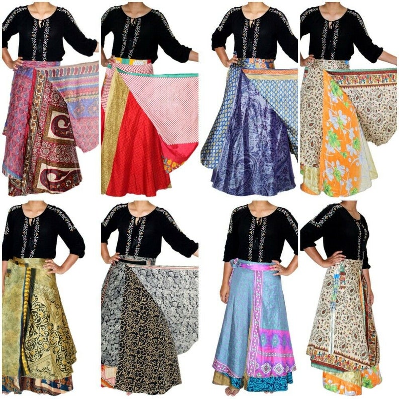 Indyjska spódnica w stylu vintage dwuwarstwowa jedwabna spódnica zawijana spódnica Magic Wrap spódnica różne kolory zdjęcie 6