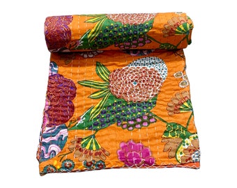 Unique Orange Cotton Kantha Quilt & Bedspread