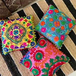 Cotton Embroidered Pom Pom Suzani Cushion Covers