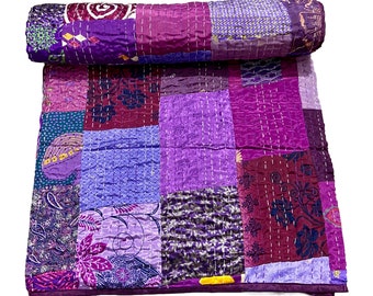 Bohemian Silk Patchwork Vintage Kantha Quilts Handmade Vintage Bedding Throw Blanket Bedspread Quilting Hippie Quilts sari kantha throw