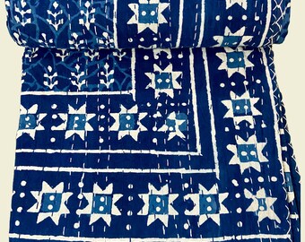 Indigo Hand Block Floral Print Bestseller Kantha Quilt Queen Pure Cotton Throw Blanket Kantha Bedspread Coverlet Kantha Bed Cover Boho