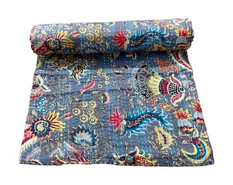 Grau Wildblumen Kantha Quilt aus Baumwolle