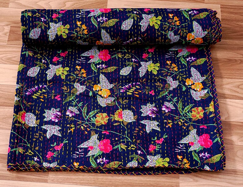 Prachtige, unieke Indiase kantha quilts Navy Blue