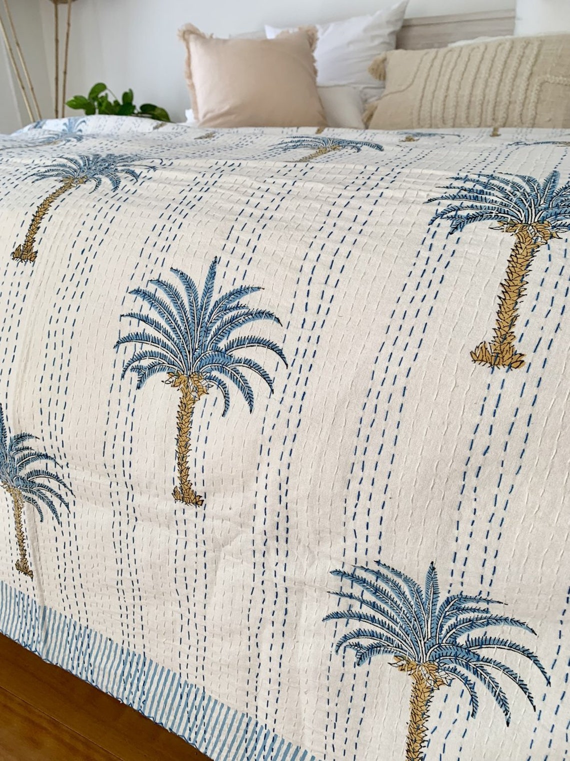 Blue Palm Tree Kantha Quilt Etsy