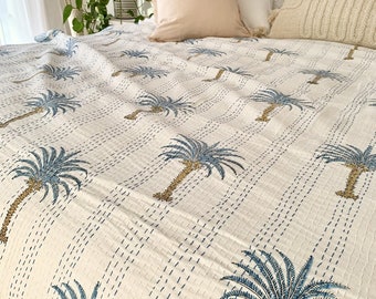 Blue Palm Tree Kantha - Trapunta